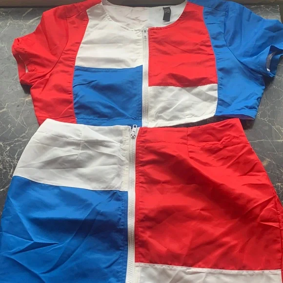 Color Block Mini Skirt - Red, Blue, White - Picture 1 of 5